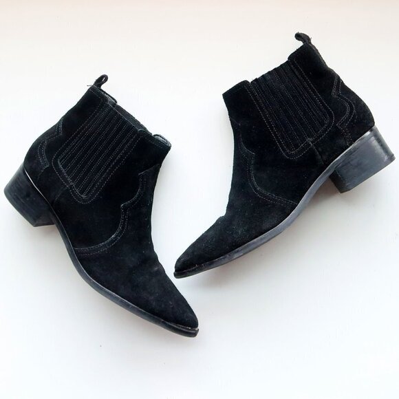 Marc Fisher Black Suede Leather Block Heel Pointy Toe Western Ankle Boots Bootie - Picture 1 of 16